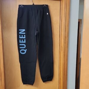 WERK Loose Black Joggers with Blue QUEEN Print- Size Small New In Package